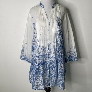 Women's White Blue Long Sleeve Floral Button Down 100% Cotton V-Neck Blouse XL